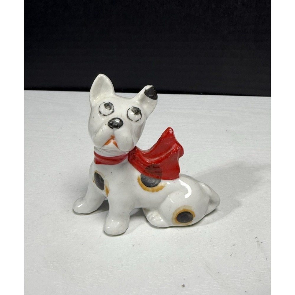 Vintage Tall Black and White Puppy Dog Red Scarf Ceramic Figurine Japan 3"H
